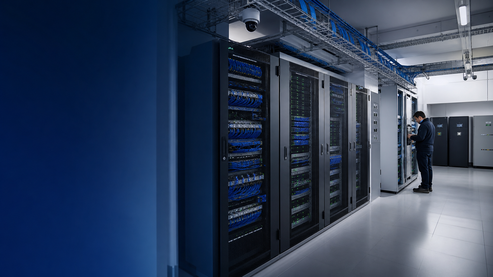 Infraestructura empresarial con cableado, energía crítica y videovigilancia